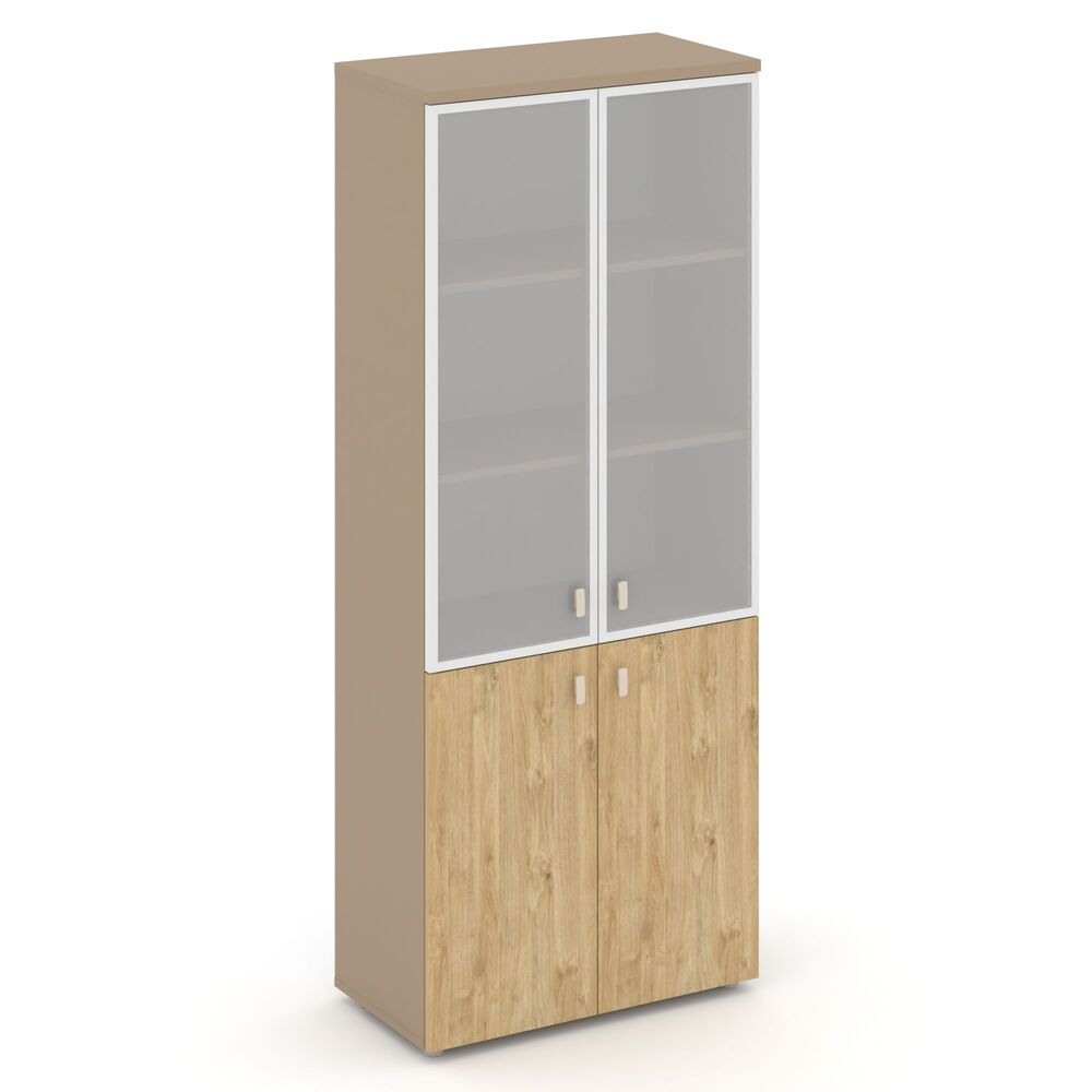 Шкаф высокий широкий (2 низких фасада ЛДСП+2 средних фасада стекло в раме )