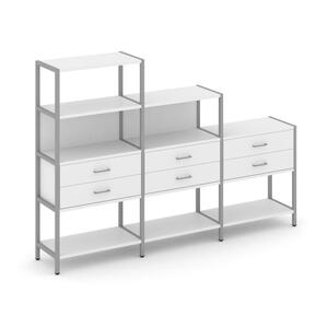 Трехсекционный стеллаж четырех/трех/двухярусный с ящиками