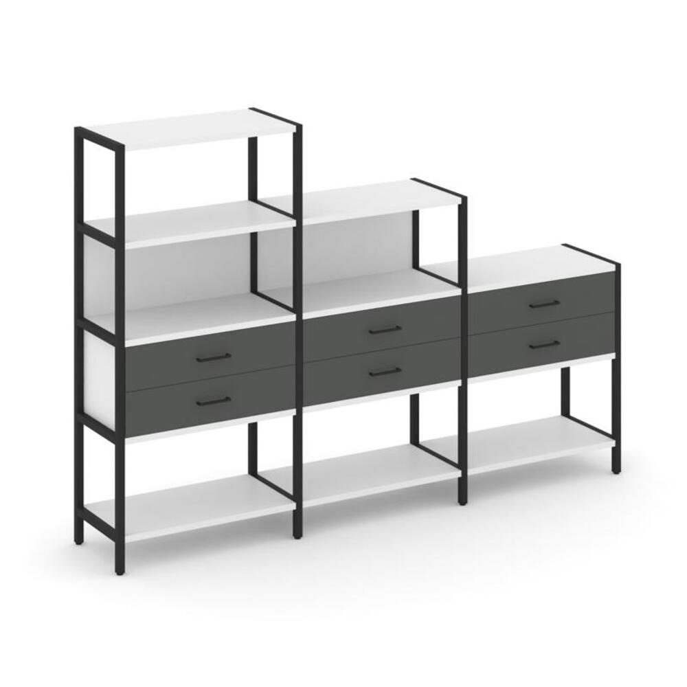 Трехсекционный стеллаж четырех/трех/двухярусный с ящиками