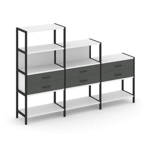 Трехсекционный стеллаж четырех/трех/двухярусный с ящиками