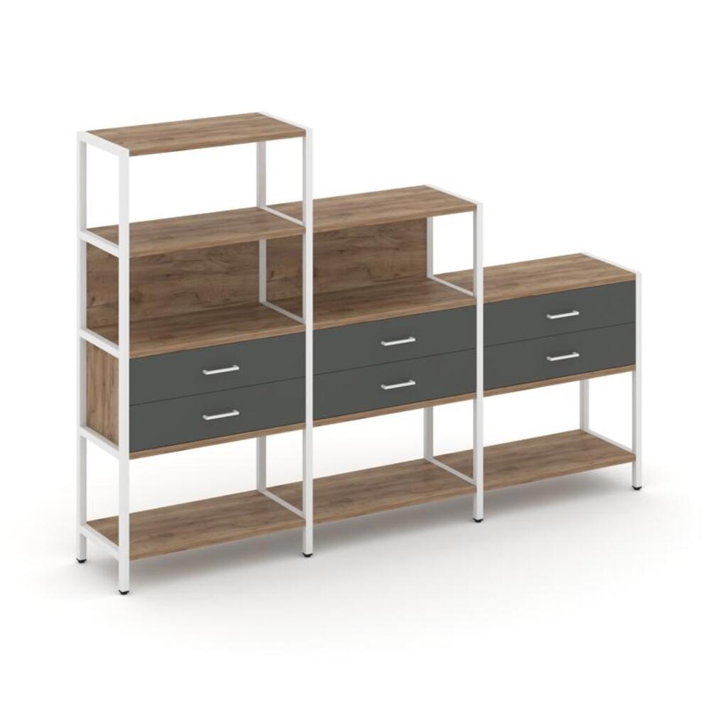 Трехсекционный стеллаж четырех/трех/двухярусный с ящиками