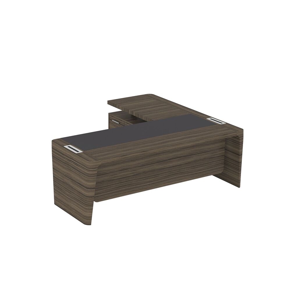 Стол для руководителя левый с кожаным бюваром, приставкой на большой тумбе и фронтальной панелью